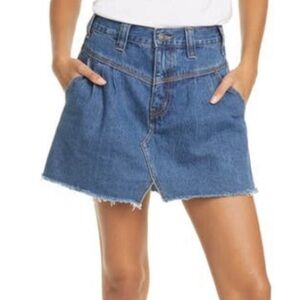 We The Free-Free People Mini Skirt  Hi-Rise Pleated Raw-Edge Hem, Boho Denim. 27